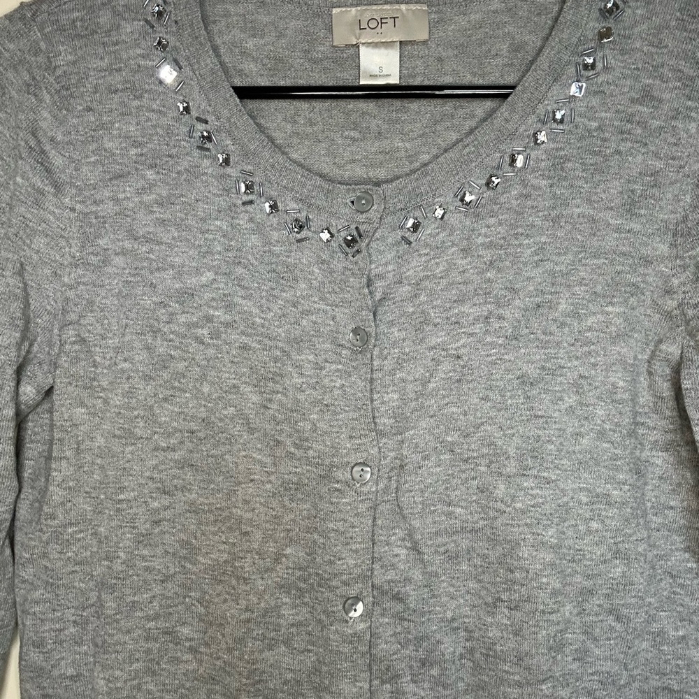 Loft Light Gray Cardigan with beaded neckline - Picture 2 of 4